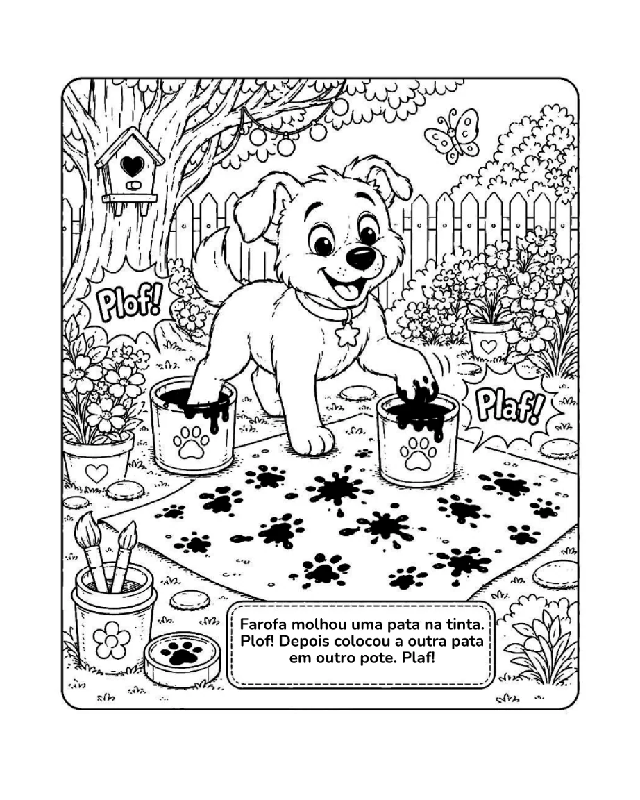 Página ilustrada do livro mostrando Farofa preparando pegadas coloridas